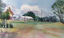 Tennis by an English Meadow watercolour, 37 x 55cm