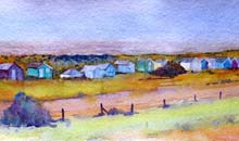 Beach Huts, Hunstanton watercolour, 20 x 54cm