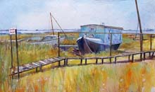 Blue Houseboat, West Mersea watercolour, 38 x 56cm