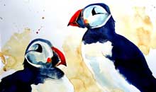 Puffin Love watercolour, 28 x 38cm